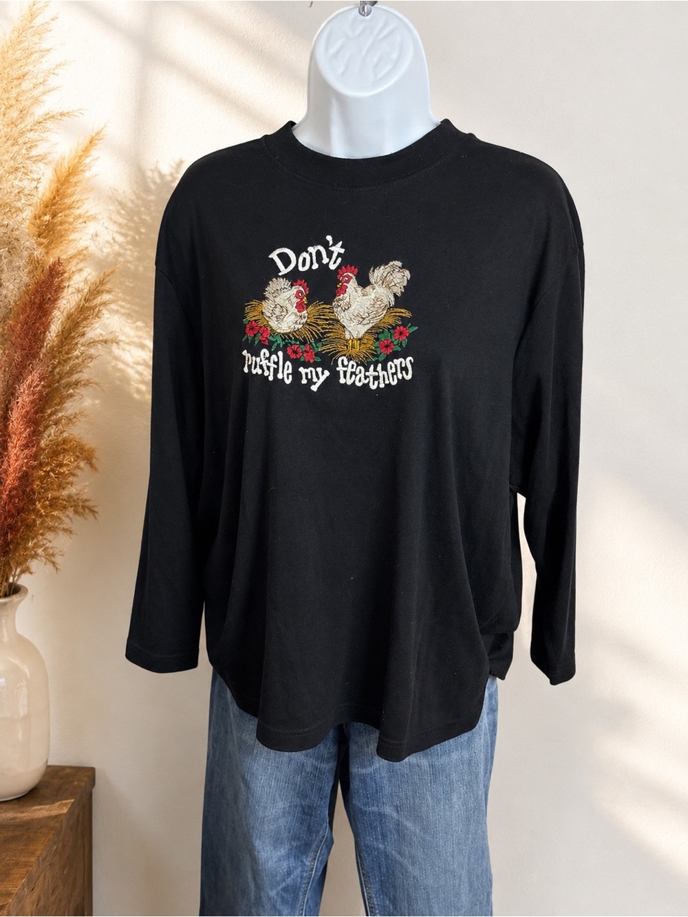 Don’t Ruffle My Feathers Black Embroidered Chicken Long Sleeve Top